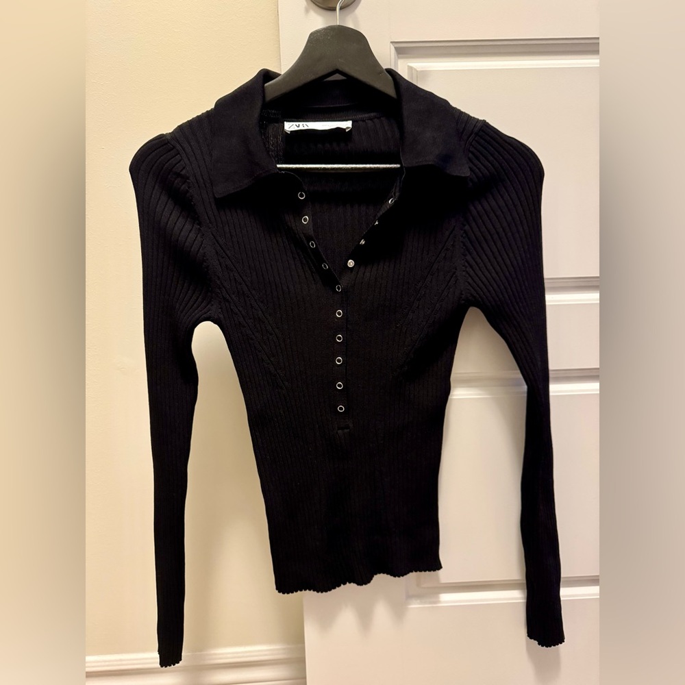 Zara Black Long Sleeve Ribbed Polo Knit